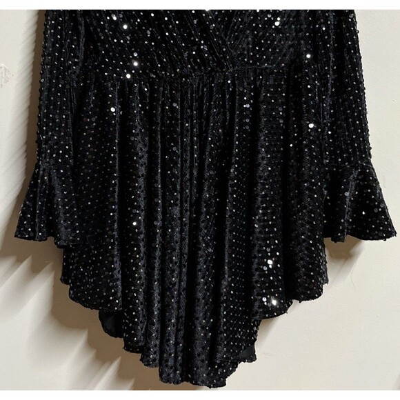 Blue B Collection Large Black Surplice Neck Fit & Flare Sequin Dress High Low - Picture 3 of 8